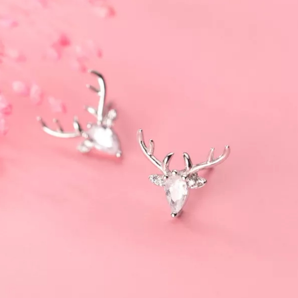 Reindeer Deer Antlers Platinum Over Sterling Silver Zircon Diamonds